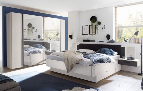 Schlafzimmer-Set >Maturs< (2-teilig) weiss/Graphit - Schrank 267x205x57cm, Bett 305x93x210cm
