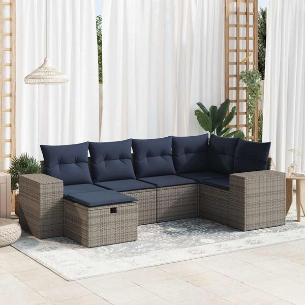 vidaXL 6-tlg. Garten-Sofagarnitur mit Kissen Grau Poly Rattan 3325687