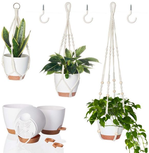 Bamworld Hängekorb Makramé-Hängekörbchen-Set 3er, 3 selbstbewässernde Töpfe + Haken (3 St), Boho-Dekoration aus Baumwollseil – Platzsparend & Umweltfreundlich