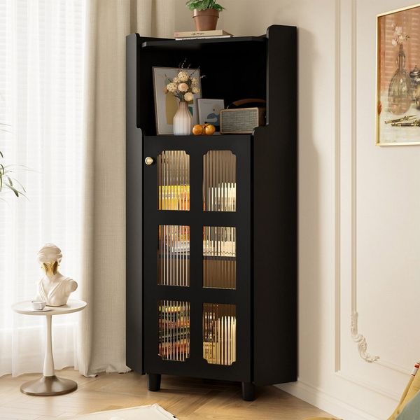 REDOM Vitrine Smart Eckschrank mit App-Steuerung & LED-Beleuchtung (Packung, 1-St, Vielseitig für Wohnzimmer, Bad oder als Bücherregal) 63,5x124x63,5 cm in Schwarz, mit drei praktischen Fächern
