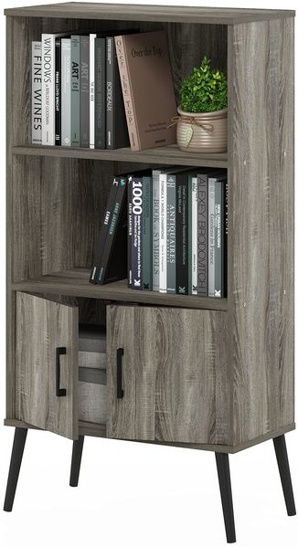 Furinno MIDCENTURY Aufbewahrungsregale, Aufbewahrungsschrank mit Türen und Regalen, Bücherregal mit Beinen, für Wohnzimmer, Homeoffice, Grau-Eiche