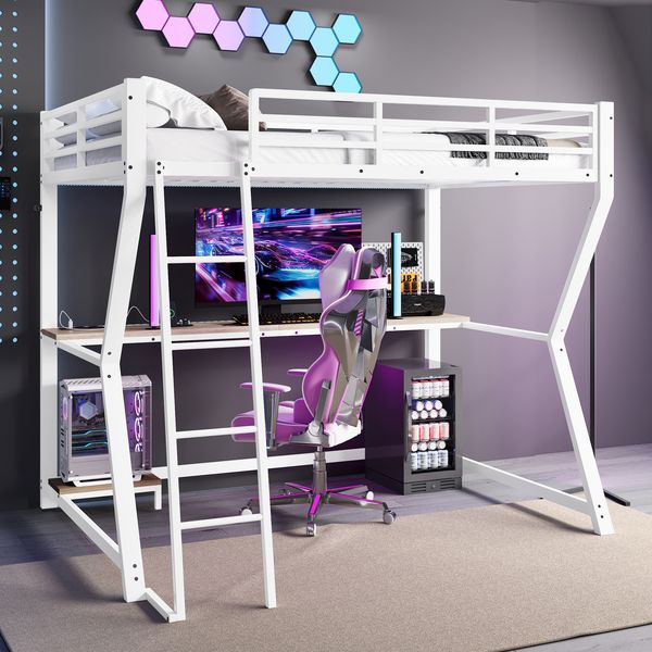 Hochbett 90x200 cm – Metall‑MDF Gestell, fernbedienbares Ambientelicht, integrierter Schreibtisch mit Steckdose/USB, sicheres Geländer & Treppe，Weiß