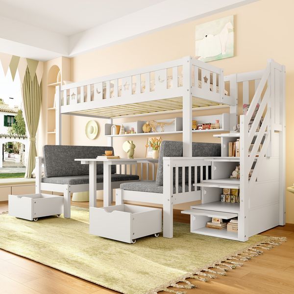 Multifunktionales Hochbett, 90x200cm, 2-in-1-Bett und Schreibtisch, Stauraumleiter, Dekorativer Zaun mit Sternen und Mond, Weiß