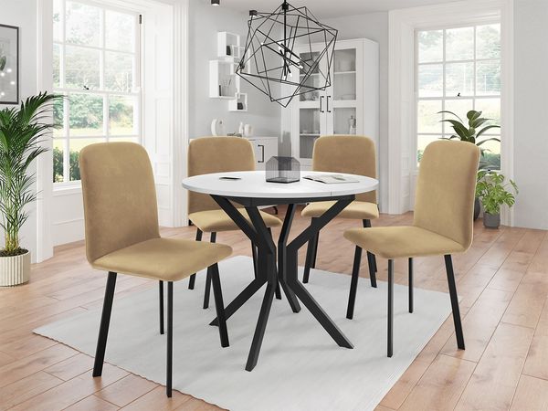 Essgruppe ML03, Runder ausziehbarer Esstisch Dirko M mit 4 Stühlen Lanoi (Farbe: Amor Velvet 4302, Weiß/Schwarz)