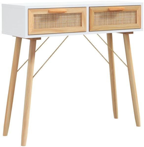 Konsolentisch, Beistelltisch, Konsole Weiß 80x30x75 cm Massivholz Kiefer Natur-Rattan