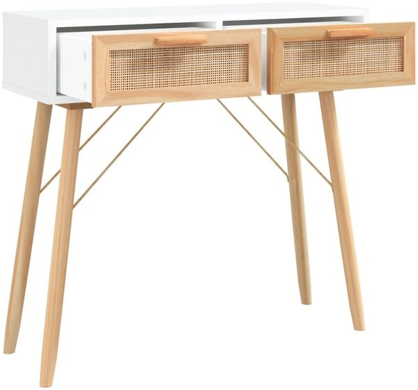 Konsolentisch, Beistelltisch, Konsole Weiß 80x30x75 cm Massivholz Kiefer Natur-Rattan Bild 3