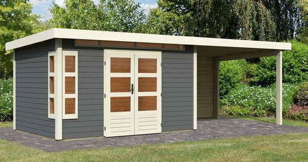 Gartenhaus Kastorf 7 - 364x244 cm plus Anbaudach 3,20m mit Rückwand, 28 mm Holz terragrau, Karibu