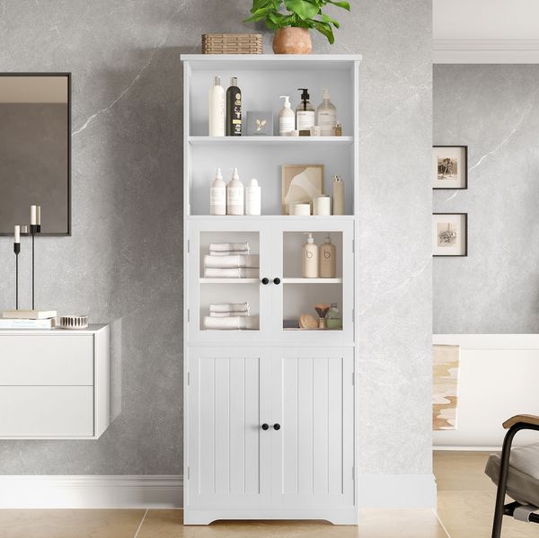 Weißer Badezimmer-Hochschrank mit Glasfront, 57,4x28,5x160 cm
