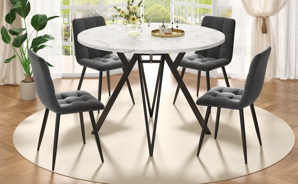 Esstisch 100x100x76 cm mit MDF‑Marmorplatte und schwarzem Metalllgestell, 4 graue Leinen‑Stühle (5‑teilig),weiß und schwarz und grau