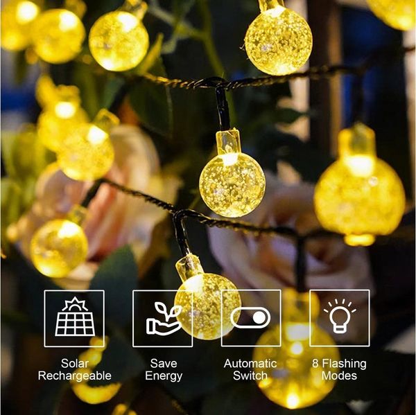 LQWELL LED Solarleuchte LED Kugeln Lichterkette Aussen Solar Gartenleuchte, Solar Kettenlicht Kristall Kugeln, LED fest integriert, Warmweiß, 30LED 8M 26FT 8 Modi Lichterkette