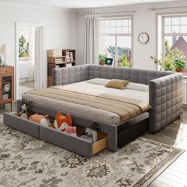 Polsterbett, 3-in-1 Ausziehbares Schlafsofa 90 x 190 cm, Multifunktionsbett, mit Schubladen, umbaubar in Einzel-/Doppelbett mit Lattenrost, Baumwolle und Leinen, Grau, Baumwolle/Leinen, Grau, 90 x 190 cm