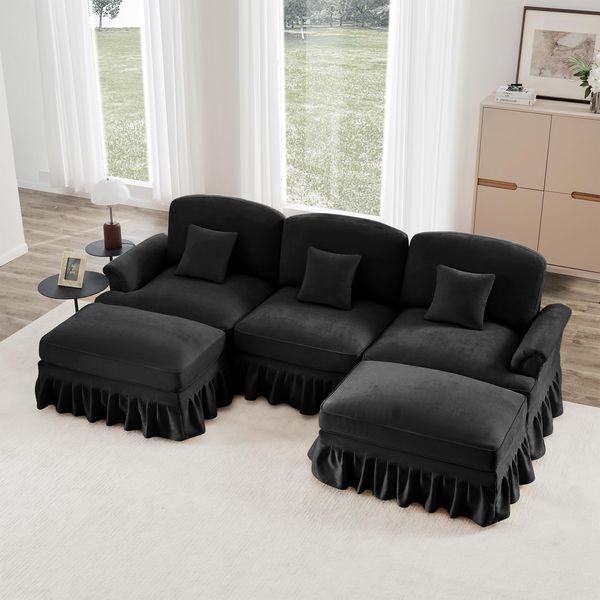 Ball & Cast Sofa Sets, 3 Sitzer Sofa mit Flared Armlehnen, Modulares Sofa mit Abnehmbarem Volant für Wohnzimmer, Schwarz, 3 Sitze + 2 Hocker