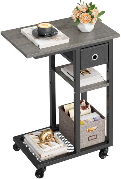 YITAHOME Beistelltisch, C-Form Sofatisch mit Rollen und Schublade，Wohnzimmertisch für Kaffee und Laptop，für Wohnzimmer, Schlafzimmer，50 x 30 x 67 cm, Grau