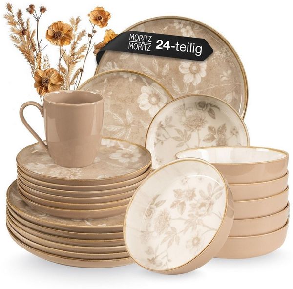 Moritz & Moritz Tafelservice MARIELLA Geschirrset Beige für 6 Personen (24-tlg), 6 Personen, Steinzeug, Geeignet für Spülmaschine & Mikrowelle