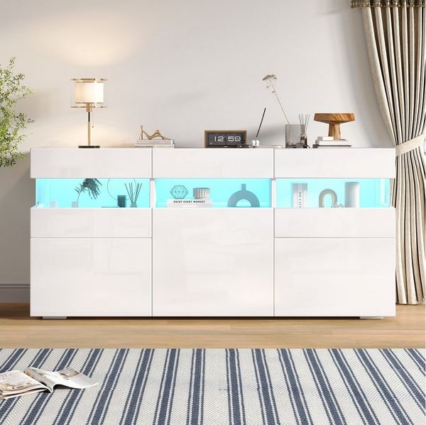 Merax Sideboard mit LED-Lichtleiste, Anrichte in Weiß mit Hochglanzfront (1 St, 140*40.5*66.5cm), Wohnzimmerschrank Kommode mit 3 Türen, 7 Ablagefächern, Acryl-Elemente