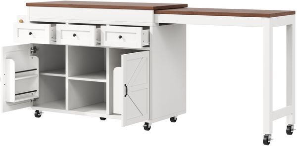 Merax Kücheninsel mit Stauraum, ausziehbarer Esstisch Bartisch (131,5-210 cm), 360° drehbare, mit Schubladen und Schränken, vielseitige Arbeitsplatte für Küche, Esszimmer und kleine Räume, Weiß Bild 9