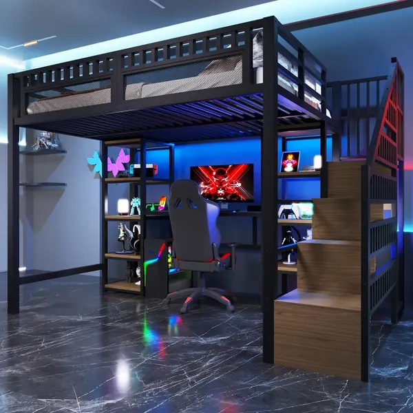 Hochbett mit RGB LED-Streifen, Schreibtisch, Lattenrost, Treppe und Regal, Kinderbett mit Rausfallschutz, Metallbett, 140x200cm