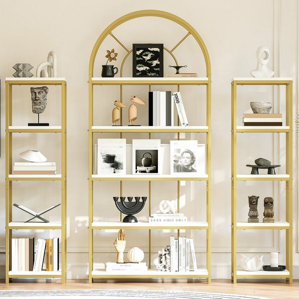 Flieks Bücherregal mit Gold-Metallrahmen & weißen MDF-Böden, 163×30×184 cm 3-tlg, Standregal mit 5 Ebenen Lagerregal Hochschrank Bogen-Design