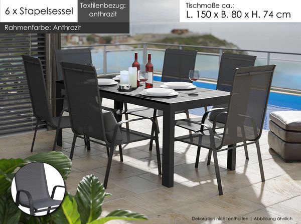 Gartenmöbel Set Alu Tisch 7-tlg. 6x Stapelsessel Essgruppe Sitzgruppe Gartenset anthrazit
