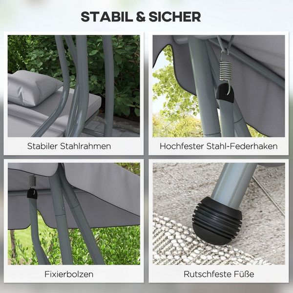 MC Star Hollywoodschaukel 2-in-1 Hollywoodschaukel mit Liegefunktion. verstellbares Dach, bis 340 kg. Stahl. 200x120x164 cm. Grau
