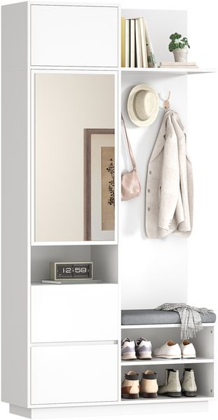 Kompaktgarderobe mit Spiegel und Sitzbank,Flurgarderobe mit Schuhschrank und Haken, Kleiderhaken,Kompaktgarderobe,Flurmöbel Set,Flurgarderobe
