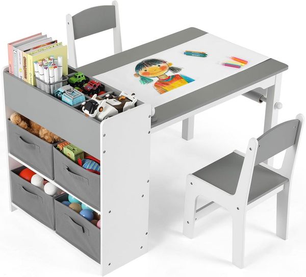TLGREEN Kindertisch Kindermaltisch mit 2 Stühlen (Maltisch Schreibtisch mit Papierrolle und 4 Aufbewahrungskiste, Zeichentisch 100kg Belastbarkeit für Malen/Lernen), Maltisch Kindersitzgruppe mit Stauraum