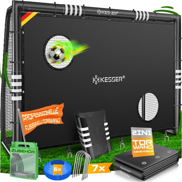 KESSER® Fußballtor für Garten robustes Outdoor Training Schusstraining UV-beständigem Netz, Stahlrahmen mit Polsterung, Erdhaken, Luftpumpe, Hüttchen, Montagezubehör für Kinder und Erwachsene Schwarz, 300cm, mit Torwand