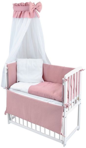 Baby-Delux Stubenbett Beistellbett Komplettset Waffelpique Musselin, Stillbett 90x40 weiß höhenverstellbar, Matratze inkl. komplett Set