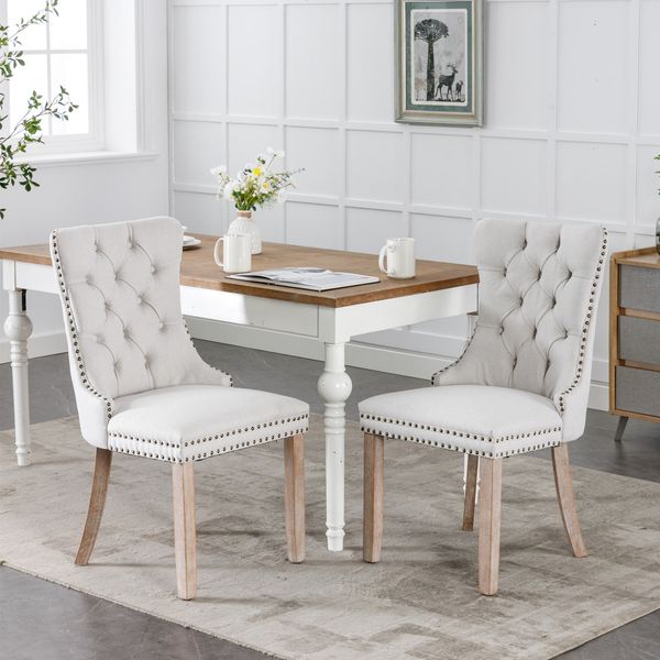 Moderne High-End Massivholz mit zeitgenössischem Leinen 80% dekoriert 80% Leinenstuhl, mit Holzbein Nagelköpfe dekoriert 2 Stücke, Leinen, beige,