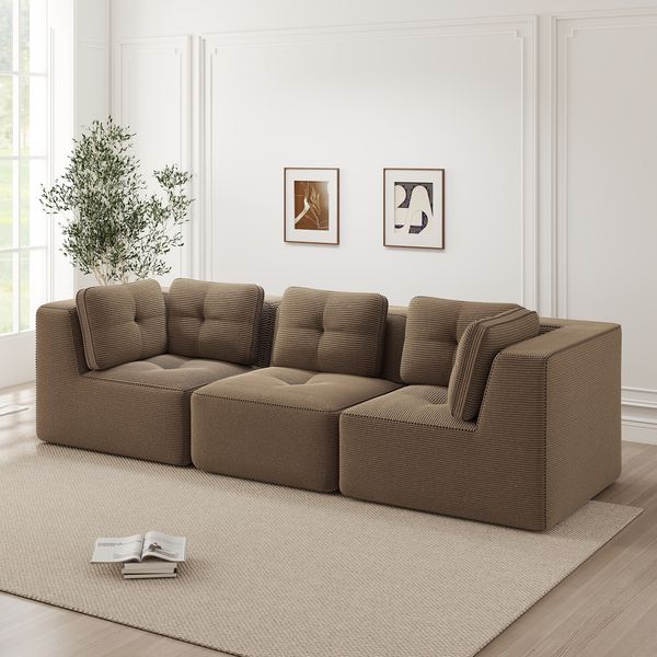 Modulares 3-Sitzer Ecksofa H 69 x T 297 x B 104 cm aus Cord mit 74 cm Sitztiefe in Braun
