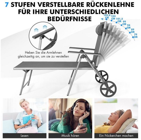 COSTWAY Gartenliege Liegestuhl Sonenliege, 7 fach verstellbar, mit Rädern & Kopfstütze