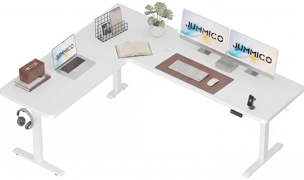 JUMMICO Höhenverstellbarer Schreibtisch L-förmig mit 3 Speicherhöhen & Kabelmanagement, 190x155 cm Eckschreibtisch Höhenverstellbar, Ergonomischer Computertisch für Homeoffice & Gaming, Weiß