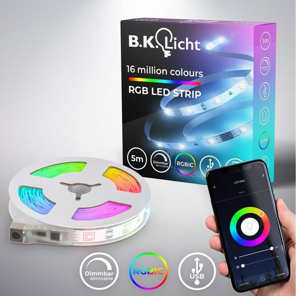 B.K.Licht I Wifi RGBIC LED Strip 5 m USB I App Steuerung I Musiksensor I Lichtleiste I Lauflicht I RGBIC Streifen I kompatibel mit Alexa I Smartes Band I selbstklebend