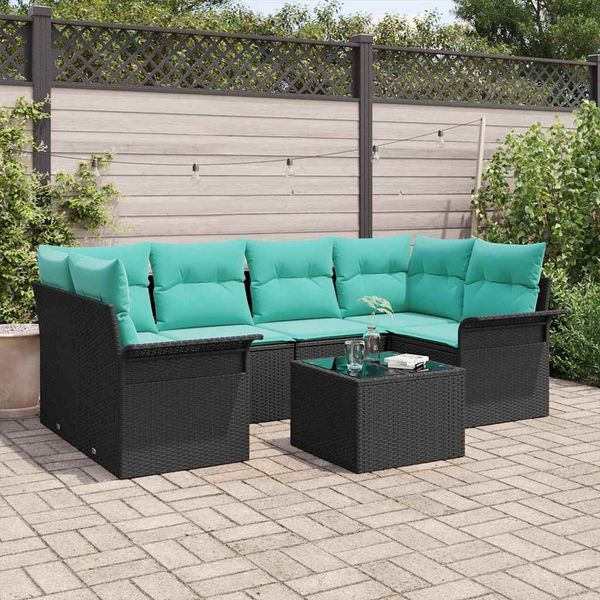 vidaXL Gartensofa-set mit Kissen 7 pcs Schwarz und Türkis Poly-Rattan 3353935