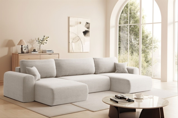 Wohnlandschaft Sofa mit Schlaffunktion FLORA Stoff Poso Altweiss