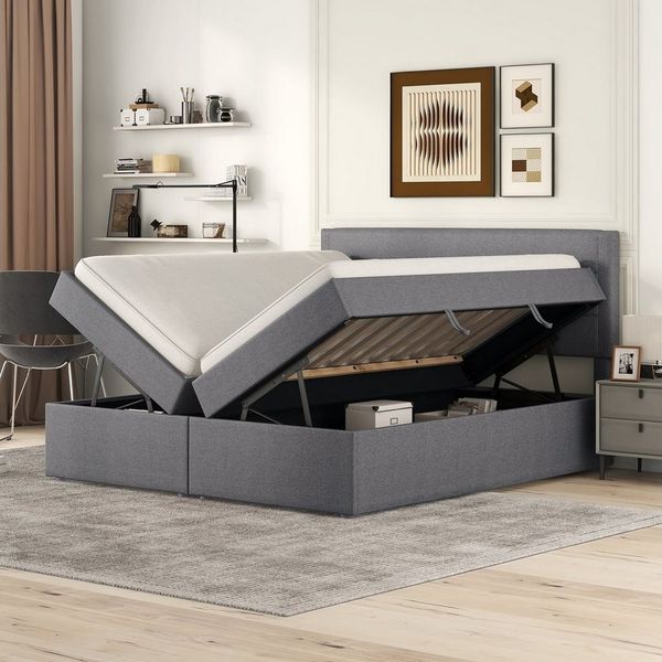 Flieks Polsterbett, Boxbett Doppelbett mit Stauraum Leinen 140x200cm