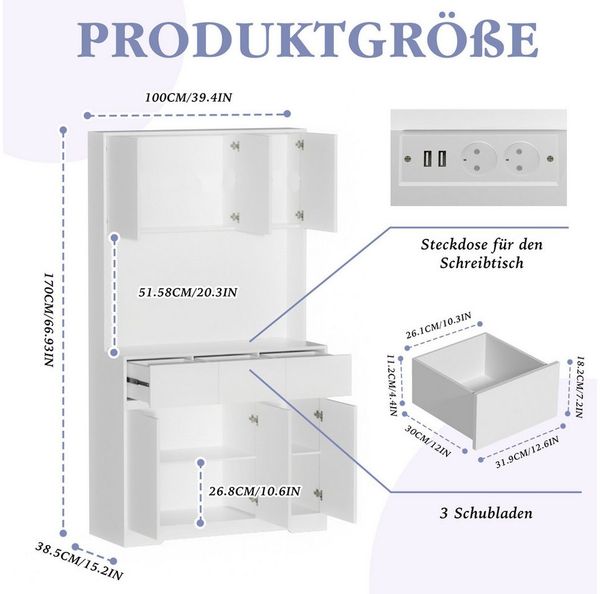 TWSOUL Küchenbuffet Küchenschrank, Buffetschrank mit Steckdose und LED, 3 Schubladen