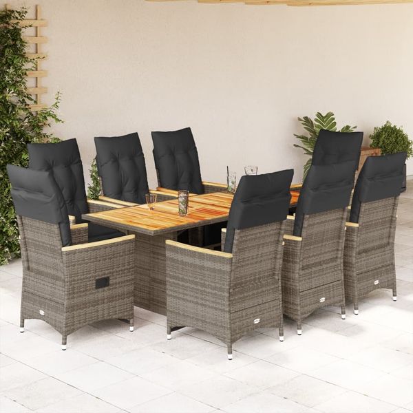 vidaXL 9-tlg. Garten-Bistro-Set mit Kissen Grau Poly Rattan 3276974