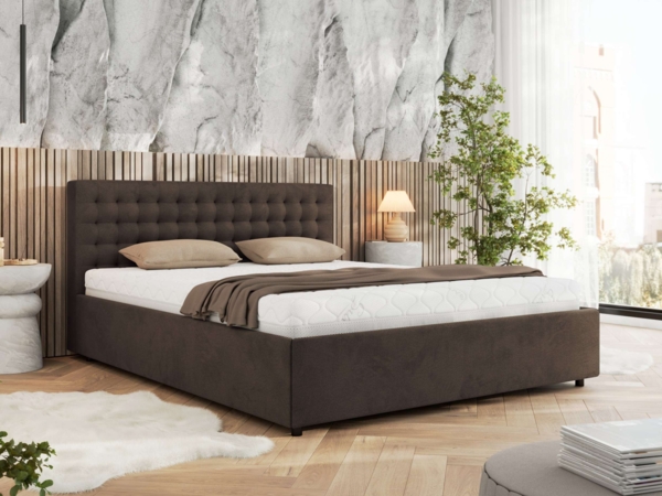 Polsterbett mit Holzlattenrost Doppelbett PAVO CLASSIC, hohe Kopfteil, Bettkasten mit Gasdruckfeder Multipocket Matratze - 160x200 cm - Braun Velvet - ELORI LUX