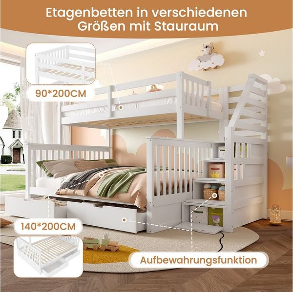 REDOM Etagenbett mit Schubladen, mit Gitter, Stauraum und praktischen Ablageflächen (Kinderbett Holzbett, 90 x 200 & 140 x 200 cm), ohne Matratze