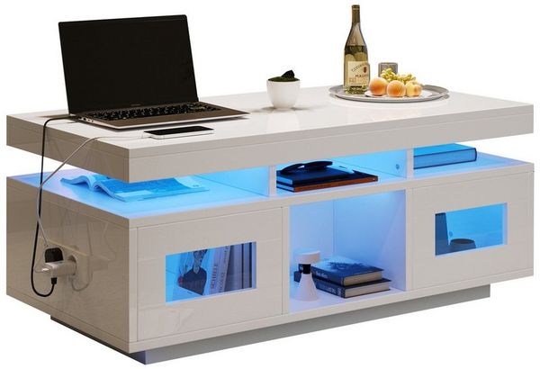 BlingBin Couchtisch Hochglanz-Kaffeetisch, Wohnzimmertisch mit Schrank, Teetisch (Wohnzimmermöbel mit per mobiler App steuerbaren LED-Leuchten, Spanplatte, 1-St, Größe: 100×50×43 cm, Tragfähigkeit: 50kg), Sofatisch mit Ladeanschluss und Steckdose für A...