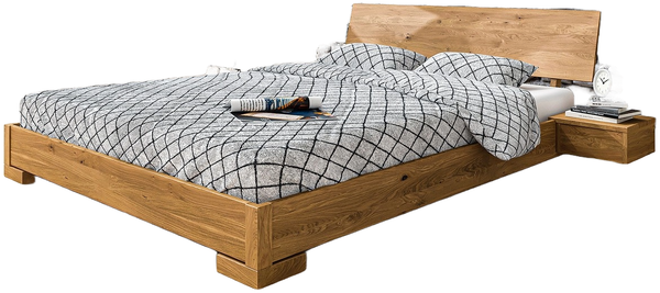 Bett Bento 3 aus Wildeiche massiv 200x200 cm mit Holzkopfteil und Holzbeinen