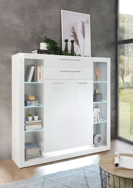 Highboard Anrichte Stauraumschrank Meran 141cm weiß hochglanz Modern