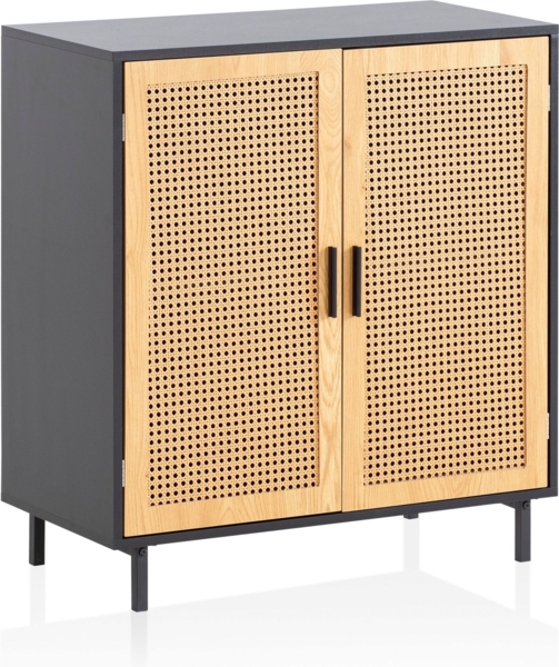 Sideboard 80 x 86,5 x 40 cm Kommode Schwarz mit Wiener Geflecht, Hoher Kommodenschrank Zeitlos, Standschrank Wohnzimmer mit 2 Türen, Anrichte Rattan