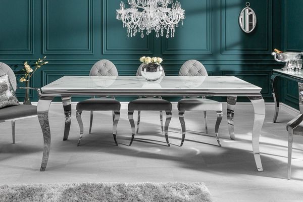 riess-ambiente Esstisch MODERN BAROCK 200cm grau / weiß (Einzelartikel, 1-St), Marmor-Design · Glasplatte · Edelstahl-Beine · bis 8 Personen