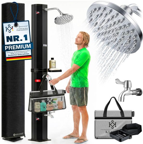 KESSER® Solardusche 35 Liter Solar Gartendusche + Metall-Duschablage | warmes Wasser | max. 60°C | ohne Stromanschluss | Pooldusche Camping| Regenduschkopf und Wasserhahn | Gartenschlauch-Anschluss | Schwarz / Anthrazit