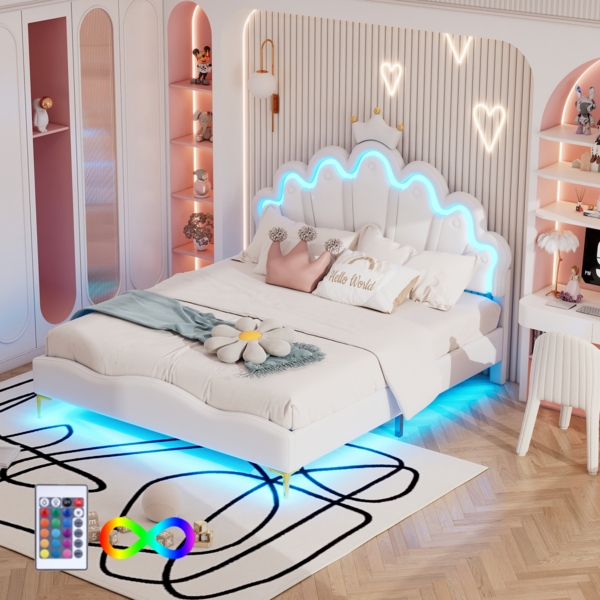 Prinzessinnenbett 140x200 cm mit LED-Beleuchtung und Kronen-Design – Kinderbett in Weiß, Polsterbett mit Kunstleder,Kopfteil in Wolkenform