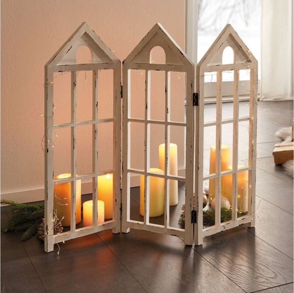 Dekoleidenschaft Paravent "Häuser" Deko aus Holz im Shabby Look, weiß, 66x59 cm, Mini Raumteiler, freistehend, 3 teilig