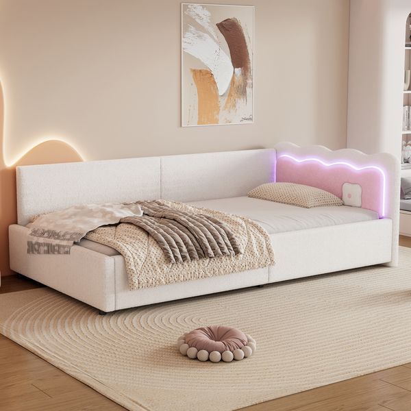 Daybett, Tagesbett, Schlafsofa, 90*200cm, LED-Umgebungslicht, Bett mit Lattenrost (ohne Matratze), Vliesimitat, Weiß