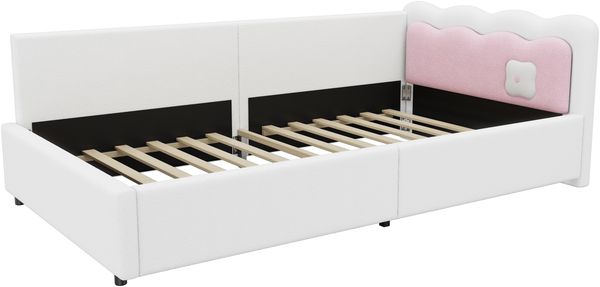 Daybett, Tagesbett, Schlafsofa, 90*200cm, LED-Umgebungslicht, Bett mit Lattenrost (ohne Matratze), Vliesimitat, Weiß Bild 9